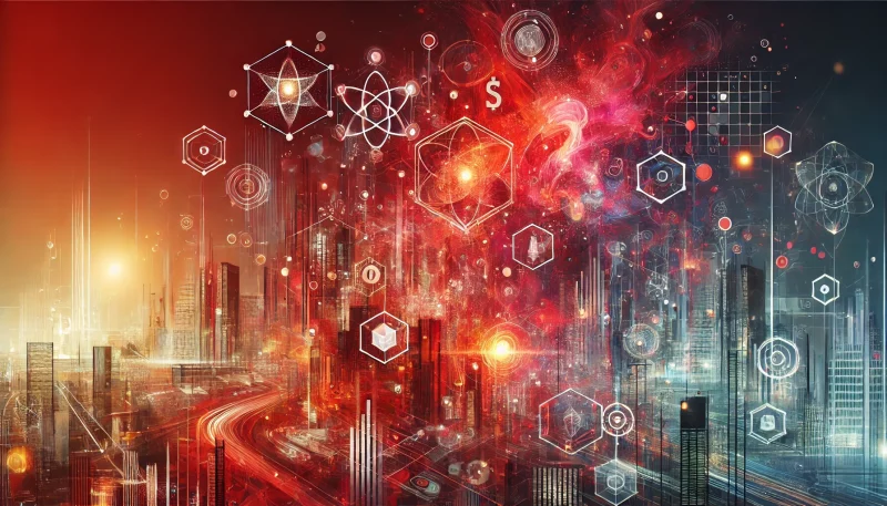 Imagem abstrata com tons de vermelho representando tecnologias emergentes que moldam decisões de negócios, incluindo inteligência artificial, blockchain e metaverso.