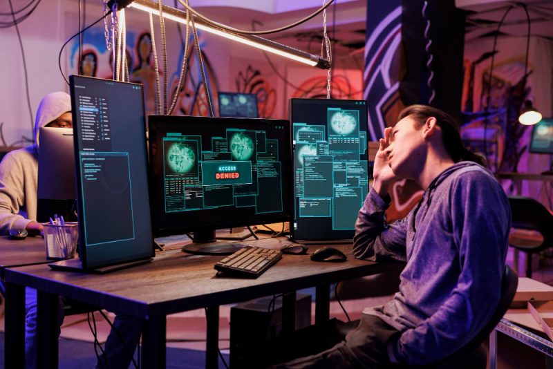 Profissional de TI frustrado diante de telas com alerta de acesso negado, representando falha de segurança cibernética