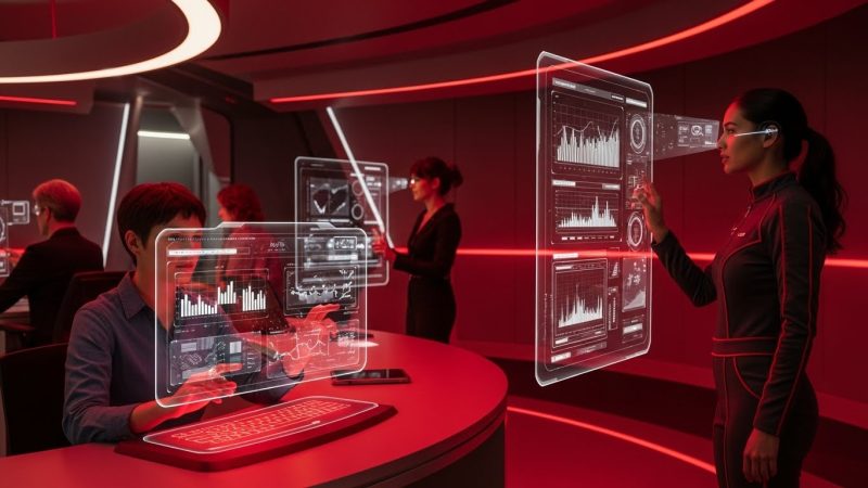 Profissionais interagindo com interfaces holográficas em um ambiente tecnológico futurista, representando as tendências tecnológicas para 2026.