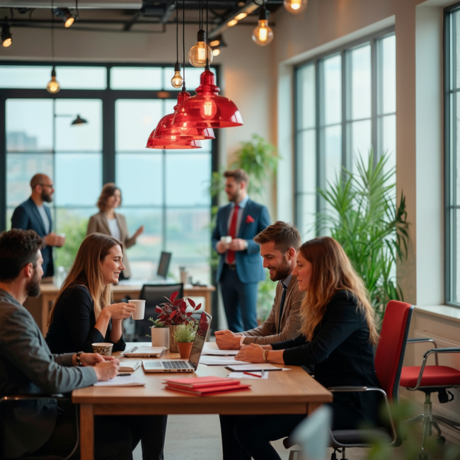 Equipe multidisciplinar colaborando em um ambiente de escritório moderno, representando o trabalho integrado de um Squad as a Service em projetos de TI.