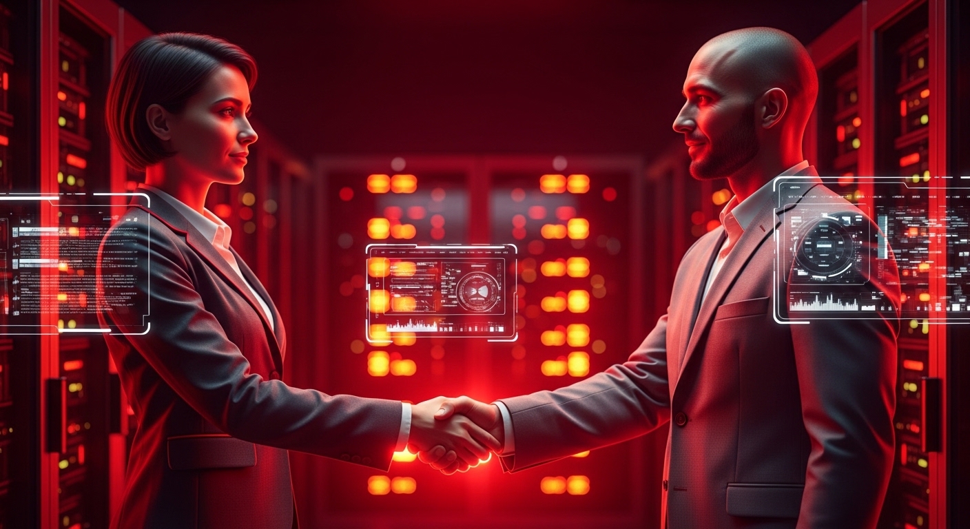 profissionais fechando parceria de TI em ambiente de data center com servidores
